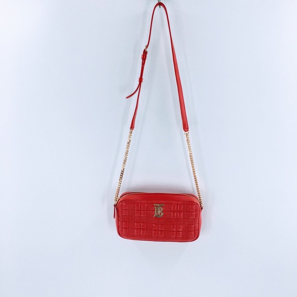 Burberry Lola Bag Bright Red Leather Quilted Check Gold Chain Strap Small - Picture 3 of 16